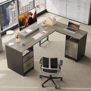Bestier 63'' L Shaped Home Office Desk with File&Storage Drawers and Cabinet, Computer Desk with Monitor Stand and Open Compartments Large