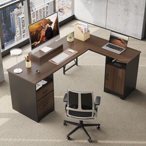 Bestier 63'' L Shaped Home Office Desk with File&Storage Drawers and Cabinet, Computer Desk with Monitor Stand and Open Compartments Large