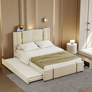 Ostweer Queen Size Upholstered Bed w/ Trundle Bed & 2 Drawers,Modern Platform Bed w/ Gold Decoration, Night Light & USB Charger, Beige Queen
