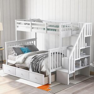 VIVIADORE Twin Over Full Solid Pine Bunk Bed with Storage Staircase, Drawer, Guardrail, Convertible Twin