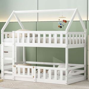 ofwood Whimsical House-Shaped Twin Bunk Bed with Sky Roof and Guardrail Twin