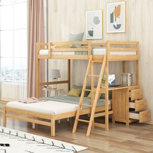 IGEMAN Twin over Full Bunk Bed with Built-in Desk and 3 Drawers, Natural Full
