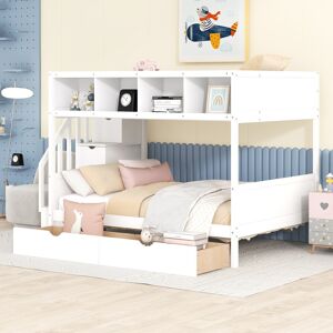 EDWINRAY Twin over Full Bunk Bed with Shelfs, Storage Staircase & 2 Drawers Full