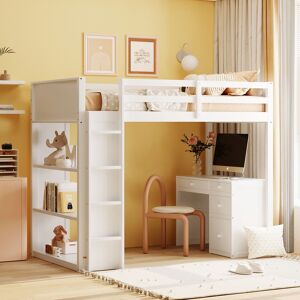 Ostweer Twin Size All-in-One Loft Bed w/ Ladder, Shelves, Safety Guard Rails & Desk Upholstered Storage Bed Frame for Teens, Girls, Boys Twin