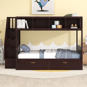 EDWINRAY Twin over Full Bunk Bed with Shelfs, Storage Staircase & 2 Drawers Full