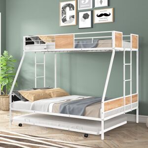 IGEMAN White Metal Twin over Full Bunk Bed with Trundle, Heavy-duty Sturdy Metal with Anti-Noise Structure Design Wooden Decoration Full