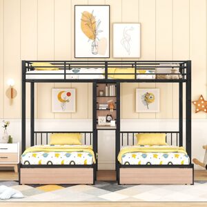 IGEMAN Full Over Twin & Twin Triple Bunk Bed with Drawers,Desks and Shelves Full