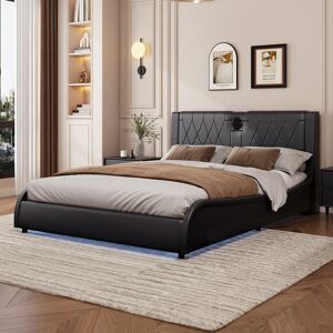 Luxurious Faux Leather Upholstered Platform Bed with Bluetooth Speakers and RGB LED Light Queen