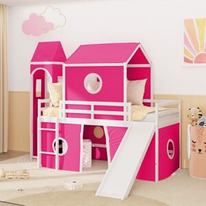Roomfitters Twin Size Loft Bed with Slide, Pink Tent and Decorative Tower, Imaginative Play Space Frame, Pink Twin