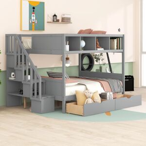 EDWINRAY Twin over Full Bunk Bed with Shelfs, Storage Staircase & 2 Drawers Full