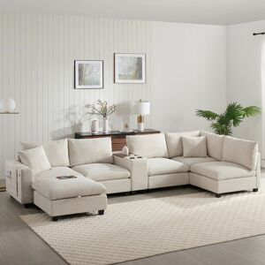 JZJ Modular 6 Seat Sectional Sofa with Movable Ottoman Console USB Charger and Storage for Living Room 140.0 In. W X 35.0 In. H X 64.5 In. D