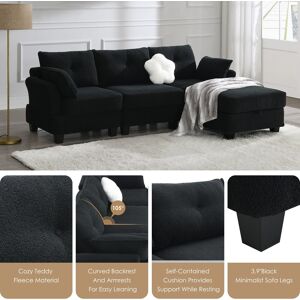 Klair Living 92-inch L-shaped 4-seat Modern Teddy Velvet Sectional Sofa with Charging Ports, Storage Ottoman, and Three Pillows 92