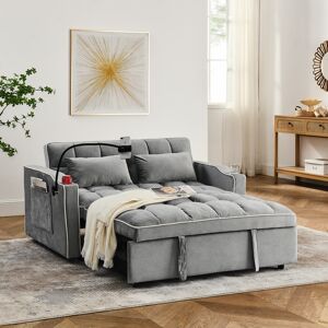 Anmytek 55.51 inch versatile foldable sofa bed in 3 lengths modern sofa velvet pull-out bed, adjustable back USB port swivel phone stand 2