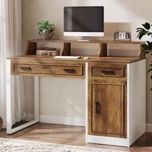 Bluebell Modern Computer Desk with Drawers & Hutch, Writing Table with Monitor Stand for Home Office, White & Brown Medium