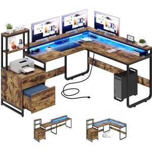 Moasis Reversible L Shaped LED Computer Gaming Desk with Power Outlets Monitor Stand Large