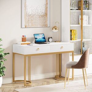 Lee Computer Desk with 2 Drawers, White/ Gold Study Writing Table with Stylish Metal Legs N/A