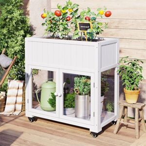 Shop Pro LLC Outdoor Wood Mini Raised Cold Frame Greenhouse with Door, Wheel, Liner White