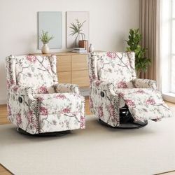 UIXE 2 Set Roderich Farmhouse Floral Print Swivel Rocker Push Back Recliner Plants Floral Standard