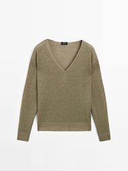 Massimo Dutti - Dame - Langærmet Sweater I 100% Hør - Grøn - S