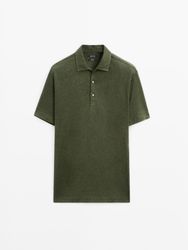 Massimo Dutti - Herre - Kortærmet Poloshirt I 100 % Hør - Grøn Som - S