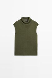 Massimo Dutti - Female - Strikket Top Med Draperet Høj Hals - Grøn - L
