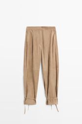 Massimo Dutti - Female - Bukser I Ruskind Med Bindebånd Ved Kanten - Grøn - L