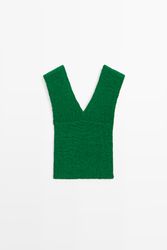 Massimo Dutti - Female - Strikket Top I Bomuld Med V-Udskæring - Grøn - M