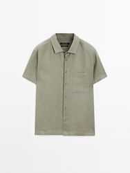 Massimo Dutti - Herre - Kortærmet Skjorte I 100 % Hør - Grøn - Xl