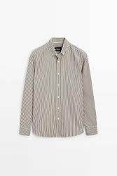 Massimo Dutti - Male - Stribet Regular Fit Skjorte I Poplin - Grøn - Xxl