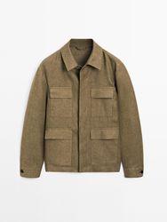Massimo Dutti - Herre - Skjortejakke I 100 % Hør Med Lommer - Grøn - L