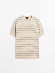Massimo Dutti - Herre - Stribet T-Shirt I Let Strik - Råhvid - M