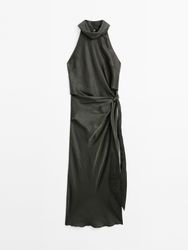 Massimo Dutti - Dame - Satin Midi Dress With Bow Detail - Studio - Mørkegrøn - Xs