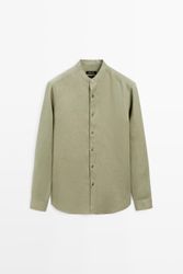 Massimo Dutti - Male - Regular Fit Skjorte I 100 % Hør Med Ståkrave - Grøn - S