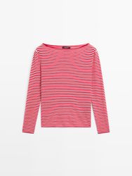 Massimo Dutti - Dame - Stribet Trøje I Strik Med Lange Ærmer - Rød - M