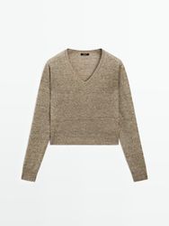 Massimo Dutti - Dame - Meleret Striktrøje I 100 % Hør - Grøn - S