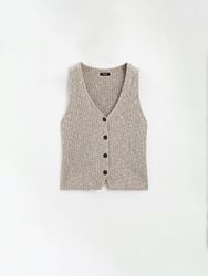 Massimo Dutti - Dame - Kort, Strikket Vest I Bomuldsblanding - Grøn - Xs