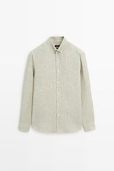 Massimo Dutti - Male - Stribet Regular Fit Skjorte I 100 % Hør - Grøn - S