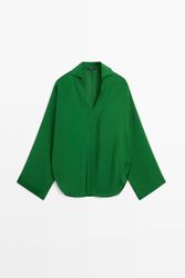Massimo Dutti - Female - Langærmet Poloshirt Med Blødt Fald - Grøn - M