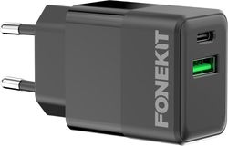 FoneKit Double 20W laddare, USB-C + USB-A, svart
