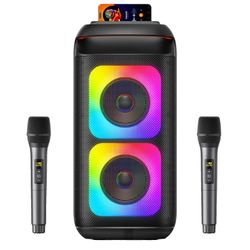 Karaoke Maskine, Dobbelt 8" Subwoofere, Bluetooth 5.3, Brugervenlige Kontroller, USB-A og TF Kort Support, Kompatibel med iOS og Android