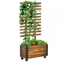 højbed med espalier, plantekasse med hjul, plantekasse med klatrestøtte, til klatreplanter, lavet af træ, forkullet, 65 x 31 x 147 cm