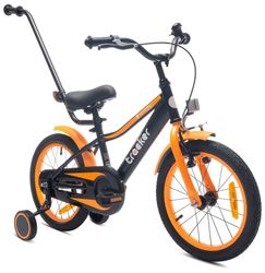 sun baby TRACKER BIKE Børnecykel 16 tommer - Justerbar sadel og styr, Klokke, Støttehjul - Orange Neon