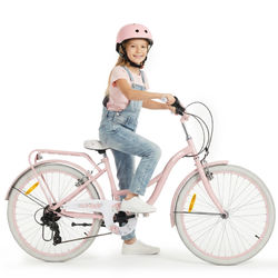 Flower Bike Flickcykel för en flicka 24 tum, 8 till 12 år, Rosa, Barncykel med 7-växlad, pakethållare, stänkskärmar i metall, V-broms, kedjeskydd