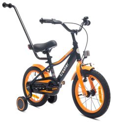 sun baby TRACKER BIKE Barncykel 14 tum - Justerbar sadel och styre, Klocka, Stödhjul - Orange Neon