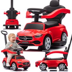 Sun Baby Gåbil med licens fra Mercedes-Benz C-Class, med skubbehåndtag, bøjle og fodstøtter, rød