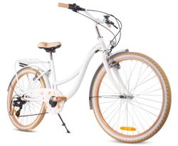 Flower Bike Flickcykel för en flicka 24 tum, 8 till 12 år, Beige och vit, Barncykel med 7-växlad, pakethållare, stänkskärmar i metall, V-broms, kedjes