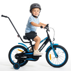 sun baby TRACKER BIKE Børnecykel 16 tommer - Justerbar sadel og styr, Klokke, Støttehjul - Blå Neon