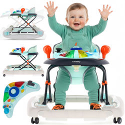 Sun Baby gåstol til baby interaktiv Grand Prix 2i1 - kojaske, regulering af højde, stopklodser, panel med lys og lyd, 6m+, op til 12 kg, blå