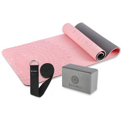 Yogasæt HMS yogamåtte TPE light pink YM10 og fotblok gray KJ02 og rem SJ02