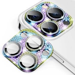 iPhone 14 Pro/14 Pro Max Kamerabeskyttelse Herdet glass Rhinestone Rainbow